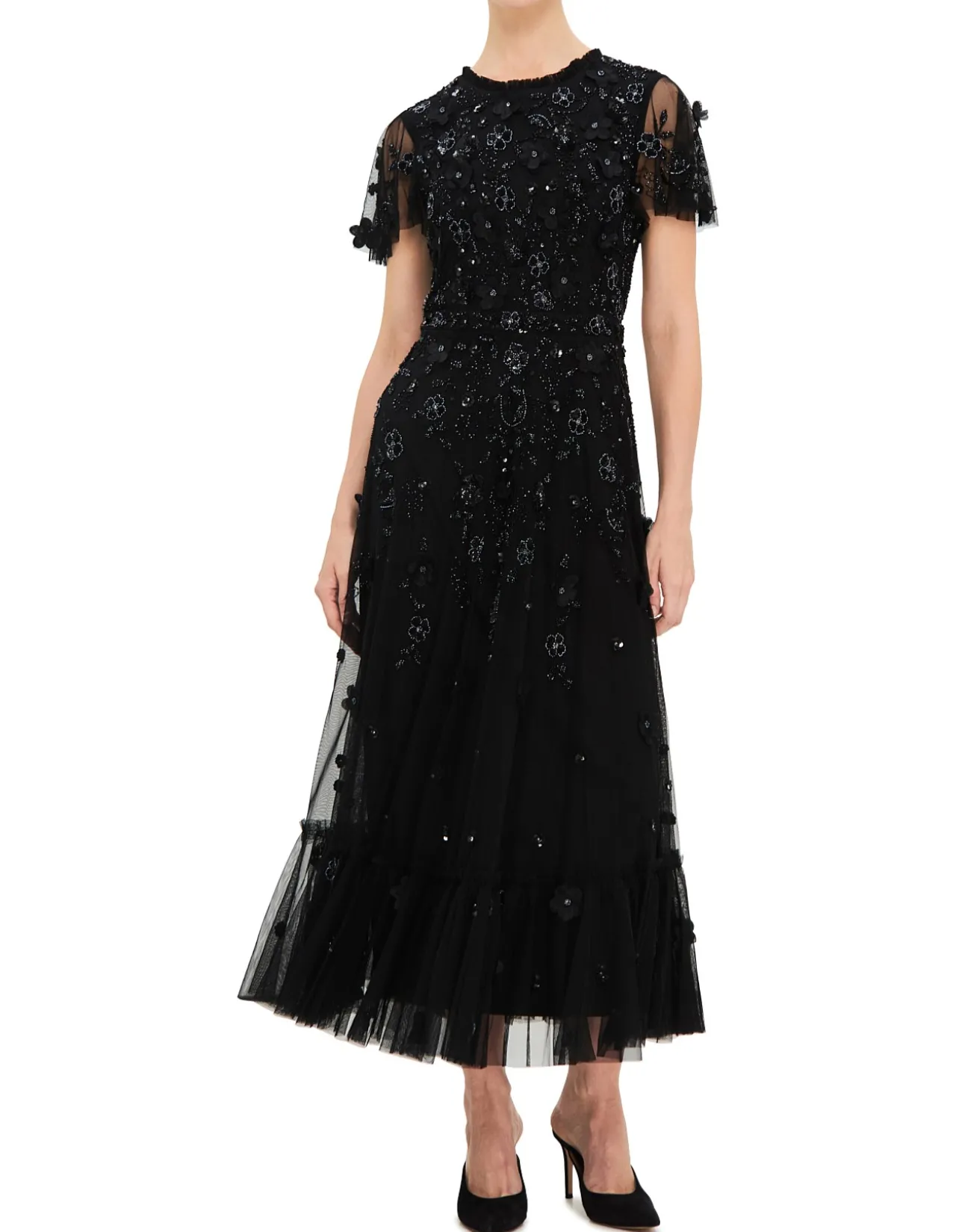 HIGH NECK FLUTTER SLEEVE MIDI DRESS