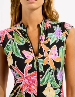 Hothouse Flowers Zip Front One Piece Swimsuit