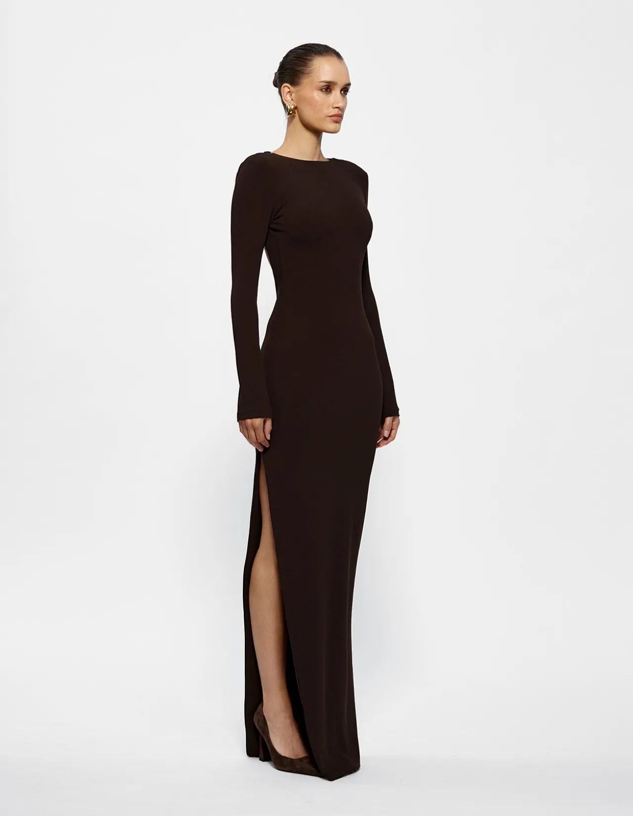 Indie Long Sleeve Crepe Floor Length Gown