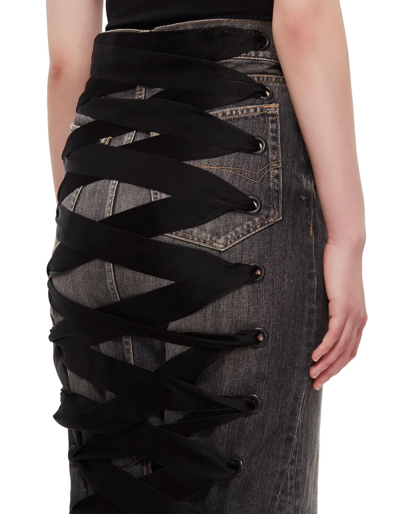 Lace-Up Denim Midi Skirt
