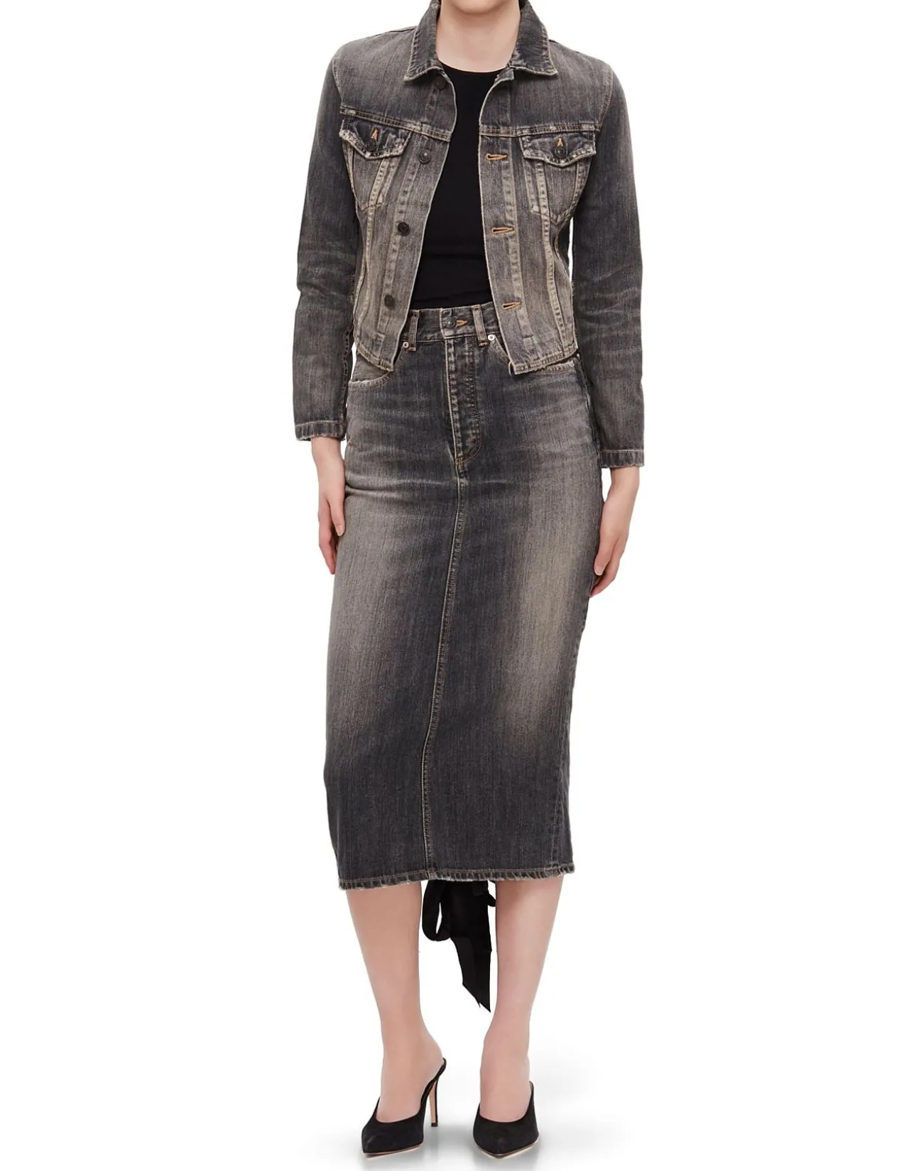 Lace-Up Denim Midi Skirt