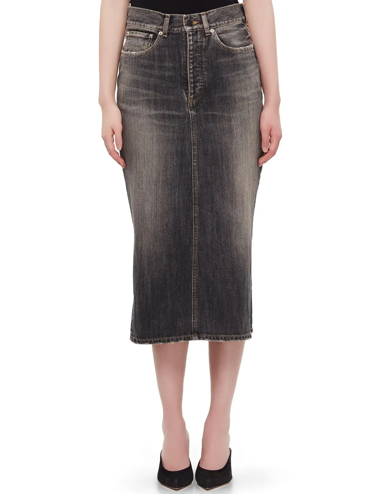 Lace-Up Denim Midi Skirt