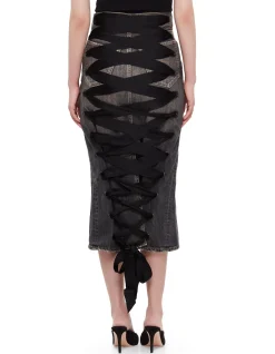 Lace-Up Denim Midi Skirt