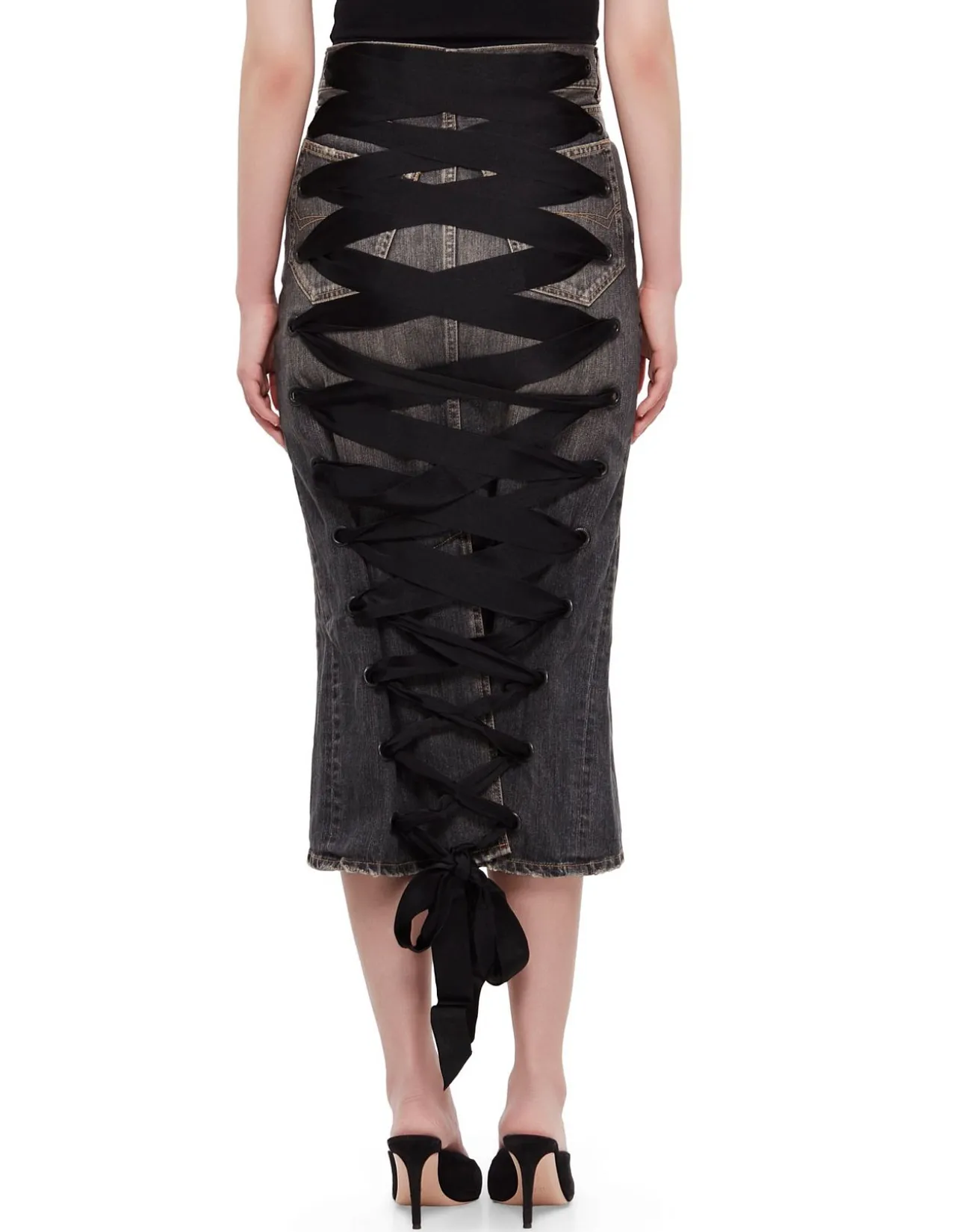 Lace-Up Denim Midi Skirt