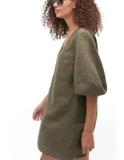 Linen V Neck Seam Detail Mini Dress