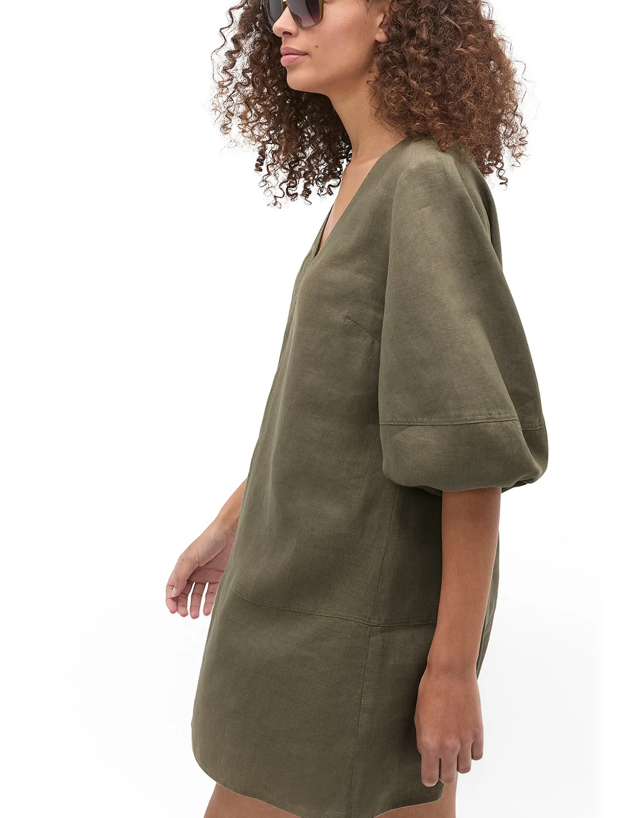 Linen V Neck Seam Detail Mini Dress