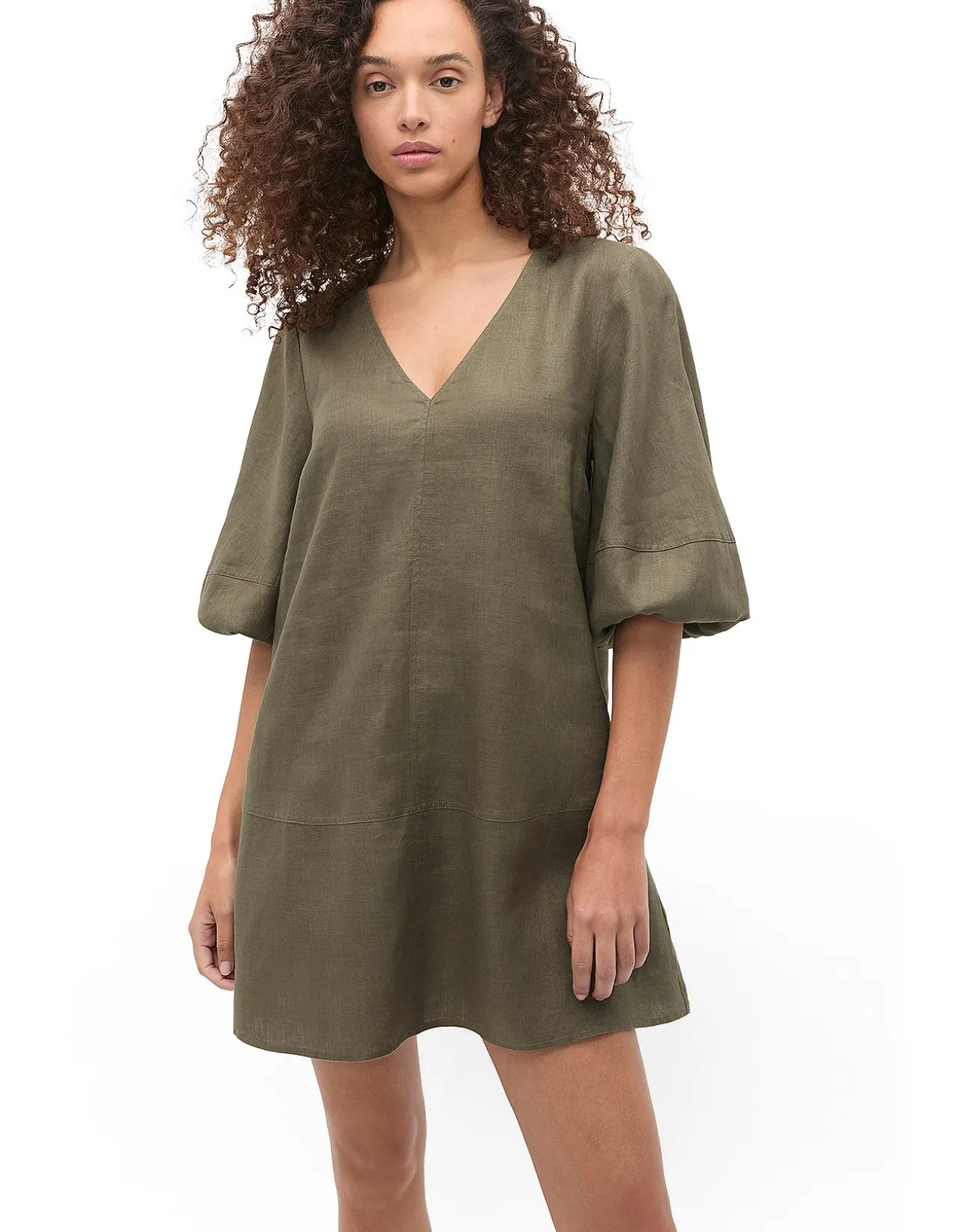 Linen V Neck Seam Detail Mini Dress