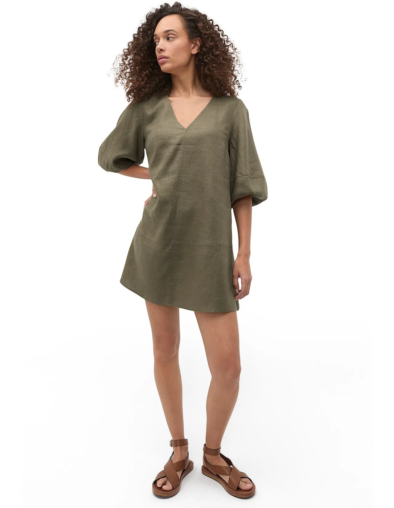 Linen V Neck Seam Detail Mini Dress
