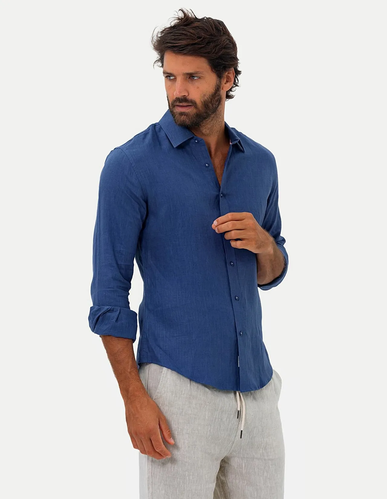 Long Sleeve Mens Linen Shirt Indigo Blue