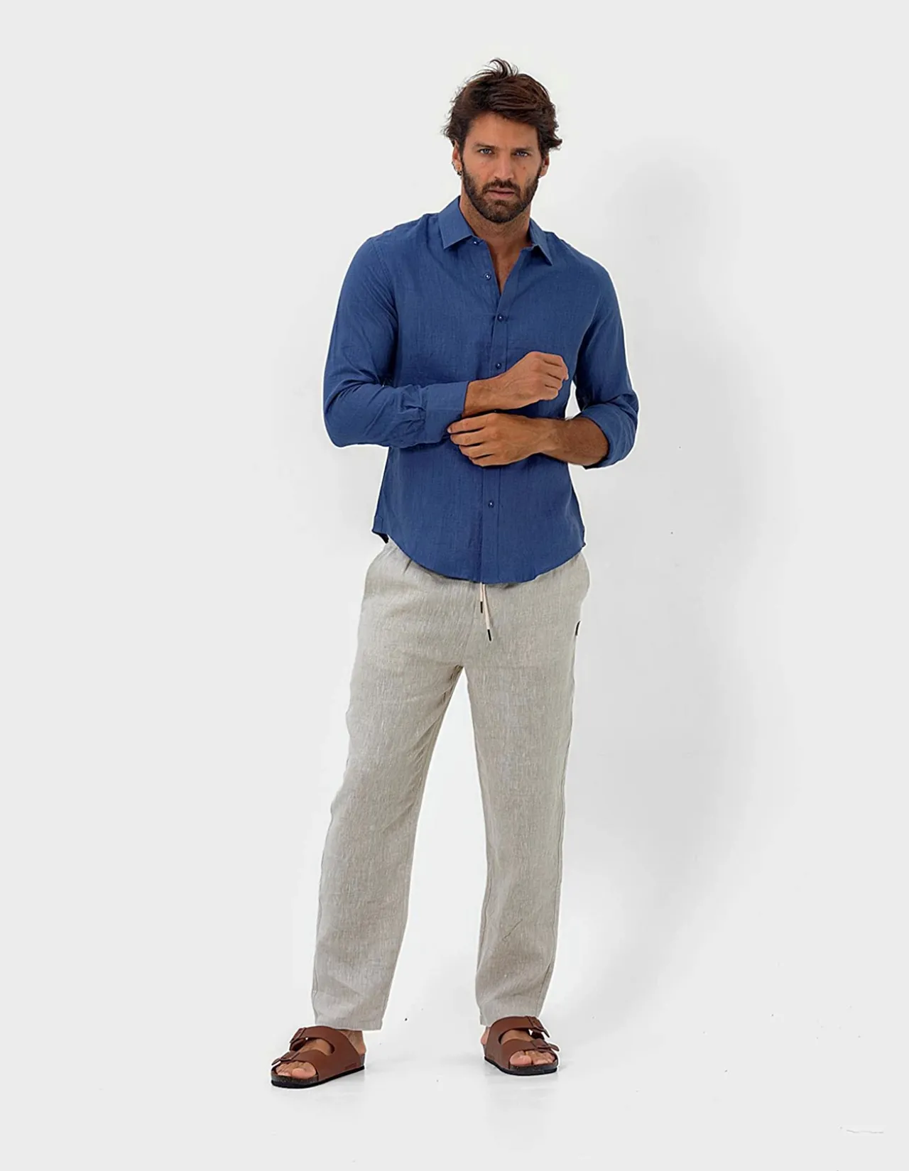 Long Sleeve Mens Linen Shirt Indigo Blue