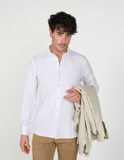 LONG SLEEVE LINEN BLEND GRANPA COLLAR LINEN COTTON SHIRT