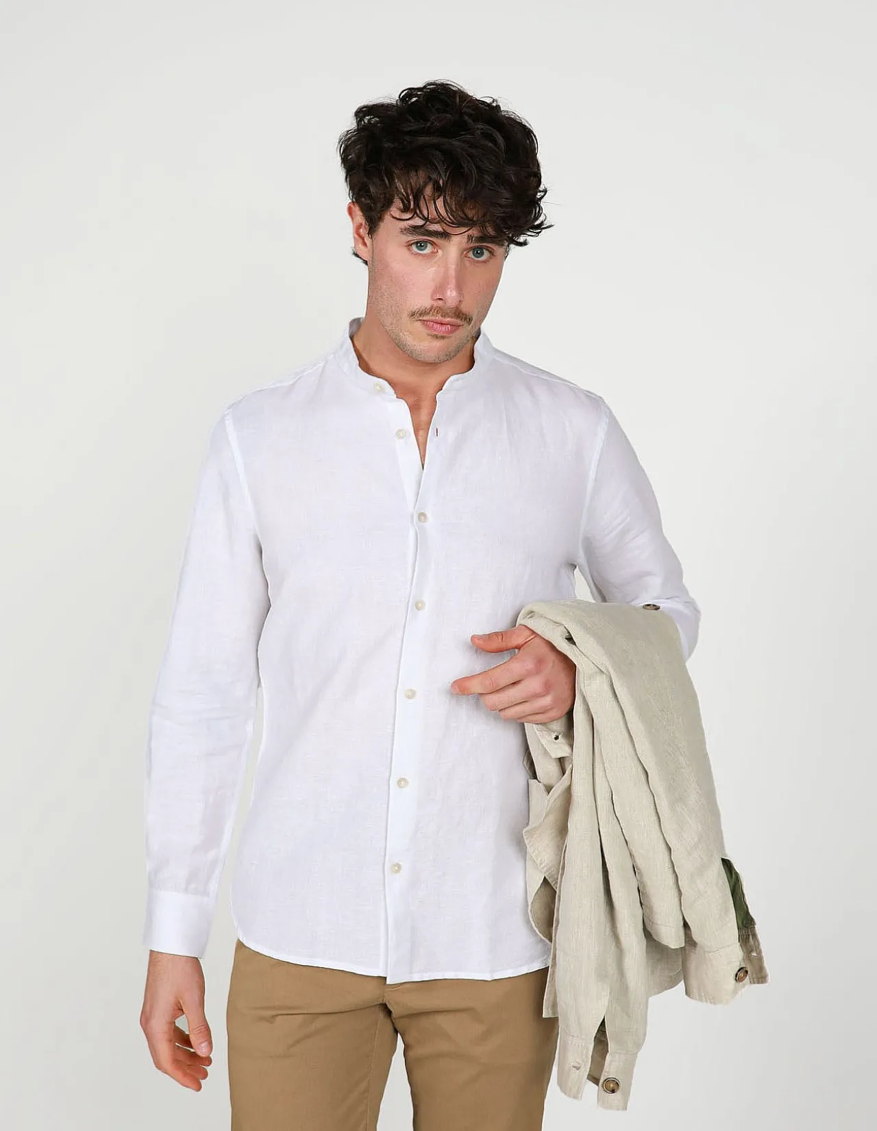 LONG SLEEVE LINEN BLEND GRANPA COLLAR LINEN COTTON SHIRT