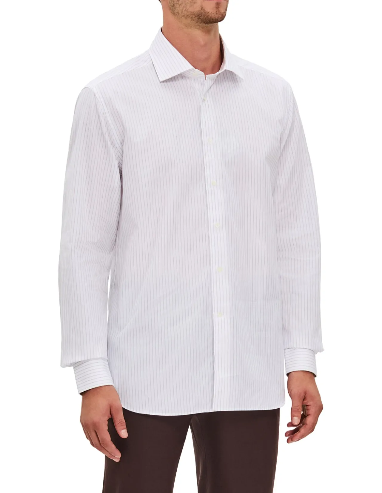 LONG SLEEVE POPLIN STRIPE PEAK COLLAR SHIRT