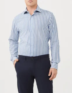 Long Sleeve Slim Linen Tencel Stripe Shirt