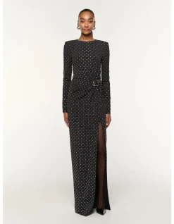 LS DRAPED DIAMANTE JERSEY MAXI DRESS