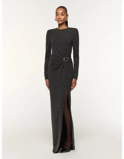 LS DRAPED DIAMANTE JERSEY MAXI DRESS