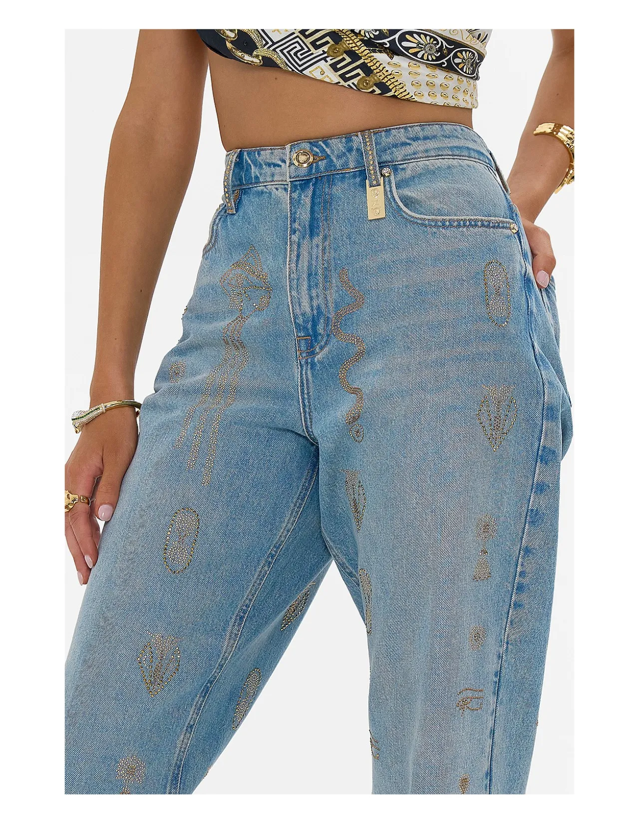 Milla Sacred Symbols Embellished Girlfriend Jeans