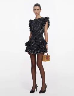 NAVY POLKA DOT SATIN MIDI DRESS
