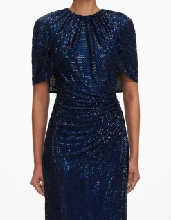 NAVY RHINESTONE CAPE SLEEVE MIDI DRESS