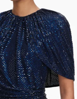 NAVY RHINESTONE CAPE SLEEVE MIDI DRESS
