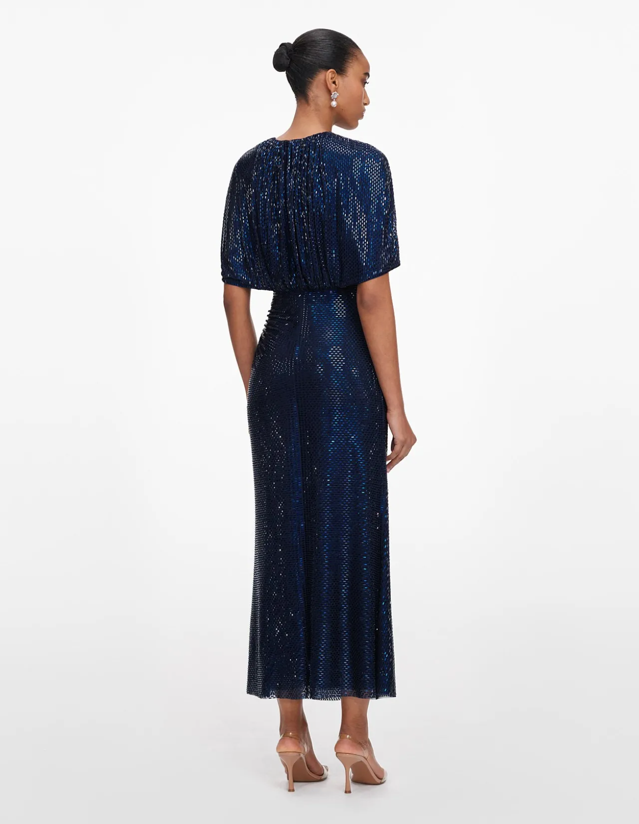 NAVY RHINESTONE CAPE SLEEVE MIDI DRESS