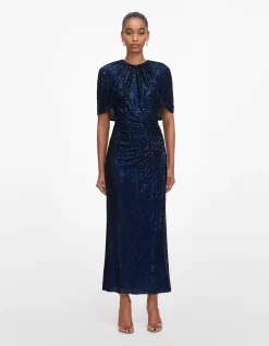 NAVY RHINESTONE CAPE SLEEVE MIDI DRESS