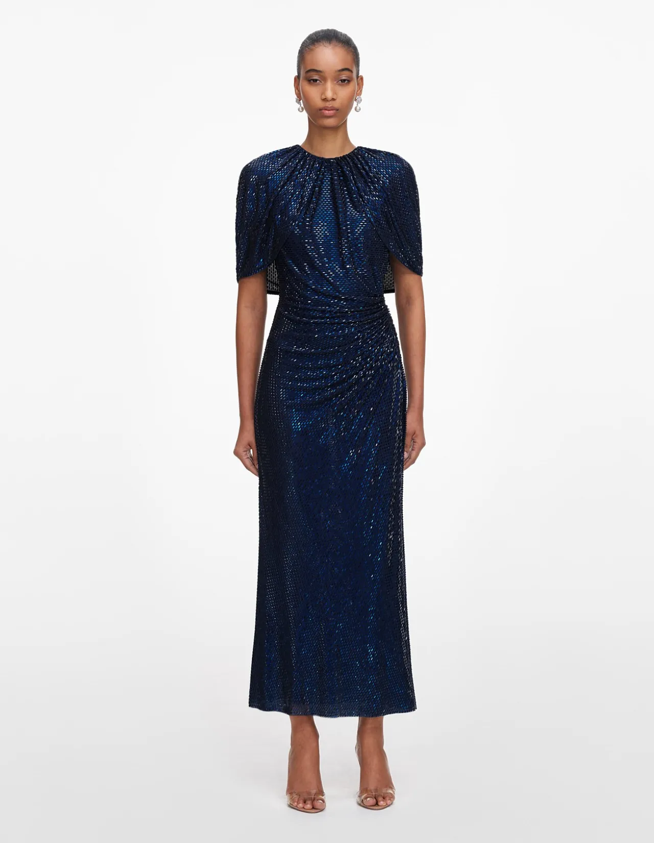 NAVY RHINESTONE CAPE SLEEVE MIDI DRESS
