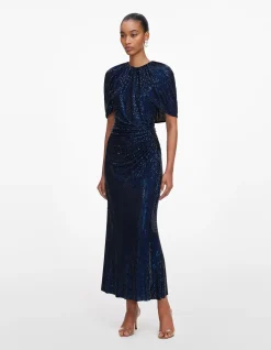 NAVY RHINESTONE CAPE SLEEVE MIDI DRESS