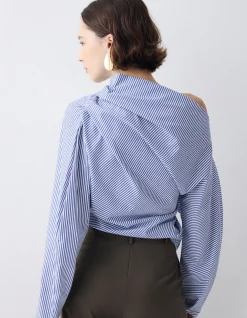 NAVY STRIPE COTTON SHIRTING DECODE LONG SLEEVE TOP