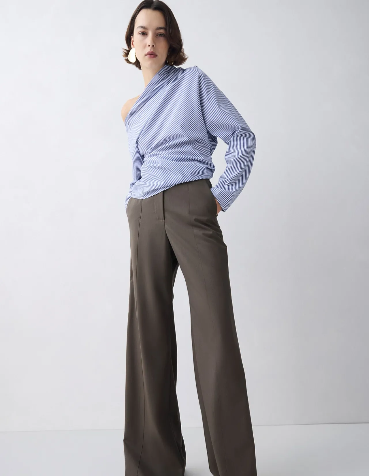 NAVY STRIPE COTTON SHIRTING DECODE LONG SLEEVE TOP