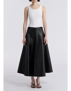 Opera Sculptural Flared Leather Midi Skirt