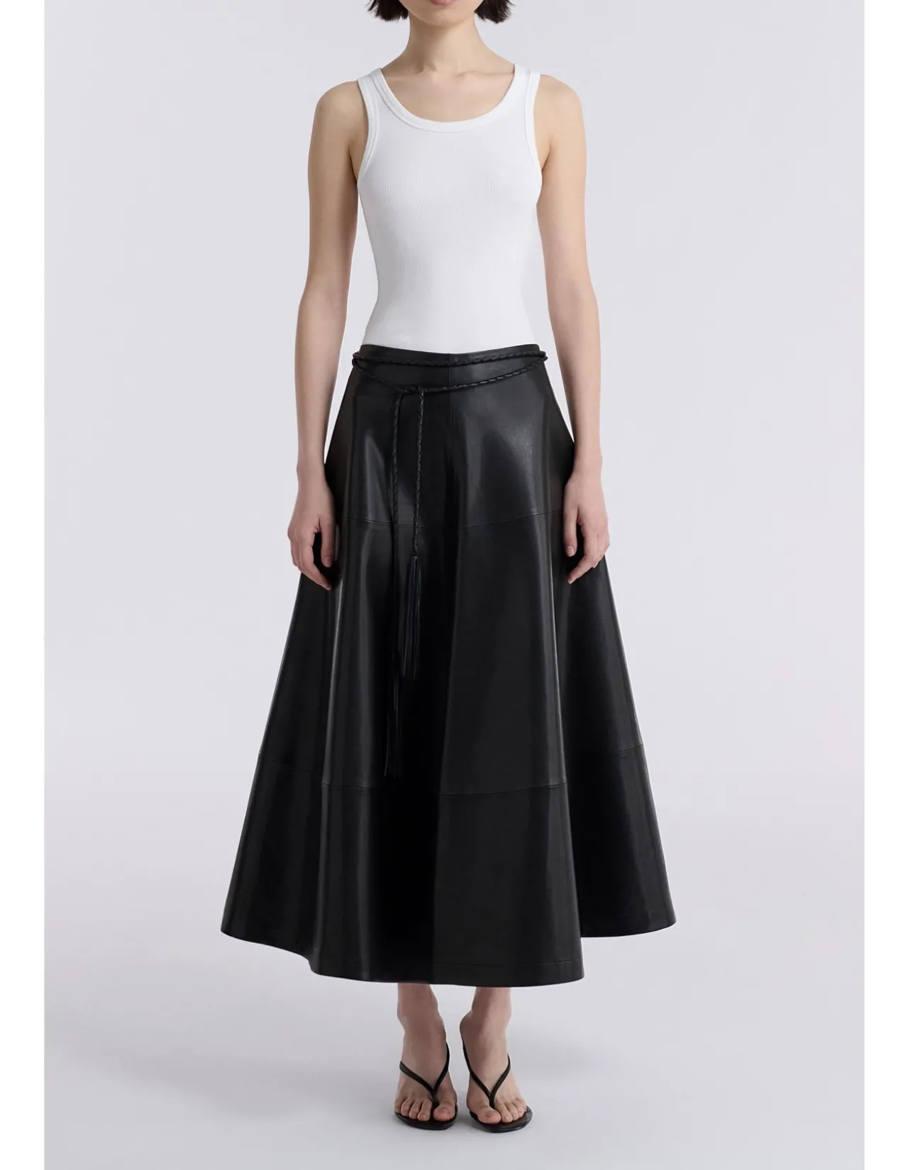 Opera Sculptural Flared Leather Midi Skirt