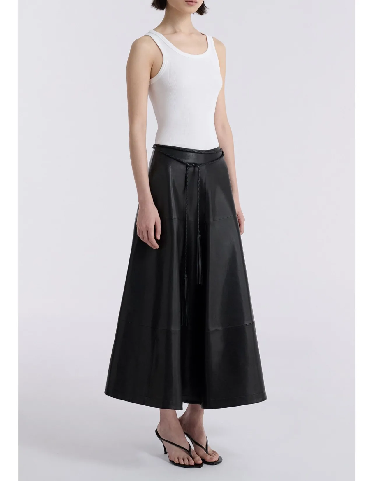 Opera Sculptural Flared Leather Midi Skirt