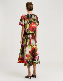 PAINTERLY BLOOM LINEN VISCOSE FLUTED SKIRT