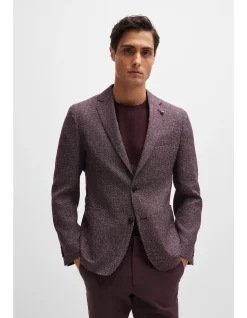 Patterned Slim-Fit Jacket in Virgin Wool and Linen Dark Blue
