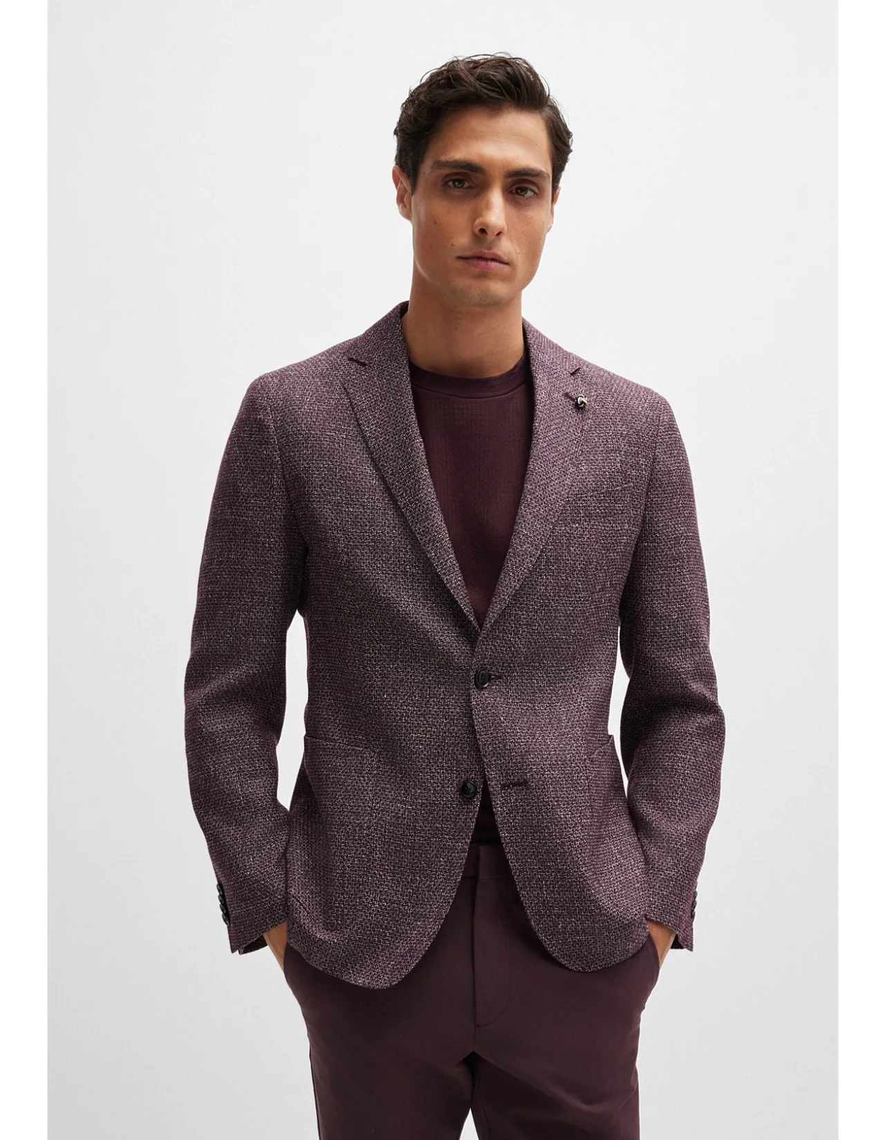 Patterned Slim-Fit Jacket in Virgin Wool and Linen Dark Blue