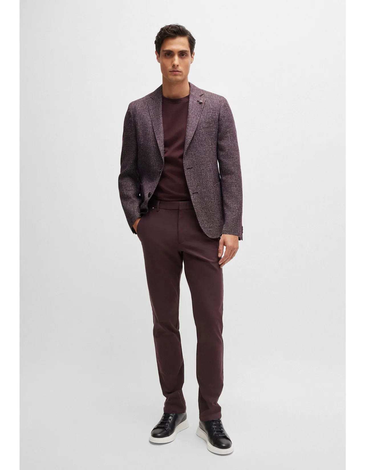 Patterned Slim-Fit Jacket in Virgin Wool and Linen Dark Blue