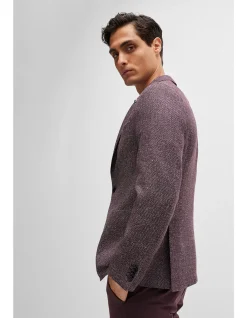 Patterned Slim-Fit Jacket in Virgin Wool and Linen Dark Blue
