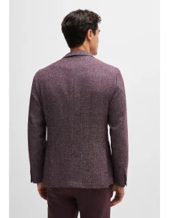 Patterned Slim-Fit Jacket in Virgin Wool and Linen Dark Blue