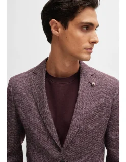 Patterned Slim-Fit Jacket in Virgin Wool and Linen Dark Blue