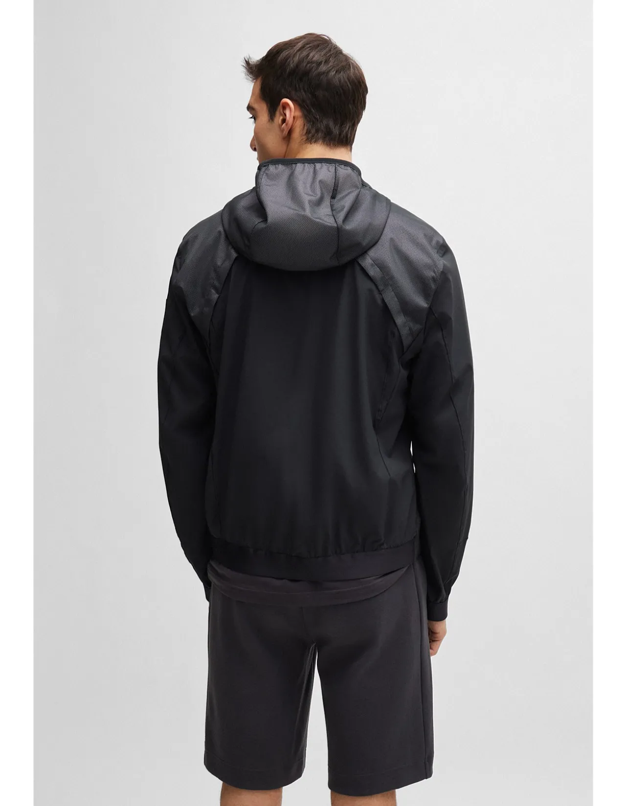 Patterned-Trim Hooded Jacket in Mixed Materials