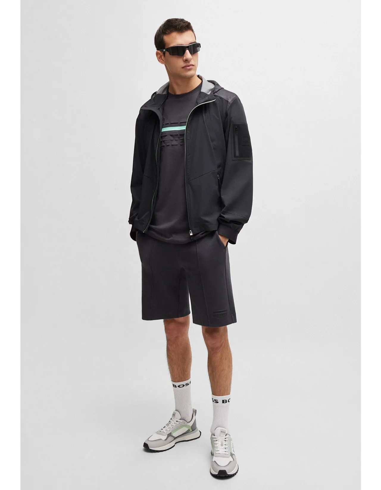 Patterned-Trim Hooded Jacket in Mixed Materials