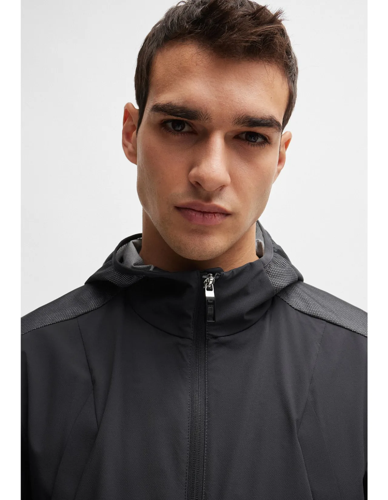 Patterned-Trim Hooded Jacket in Mixed Materials