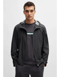 Patterned-Trim Hooded Jacket in Mixed Materials