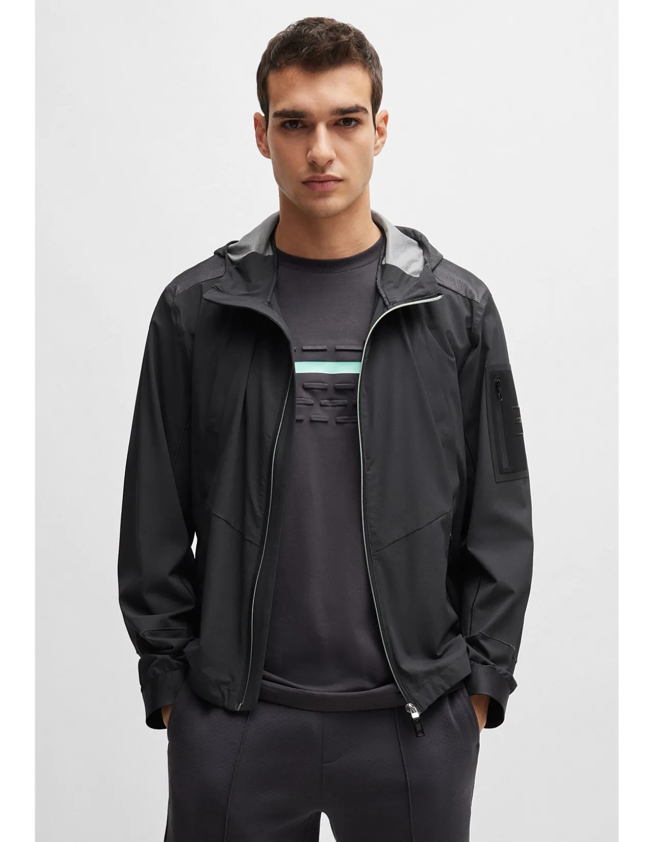 Patterned-Trim Hooded Jacket in Mixed Materials
