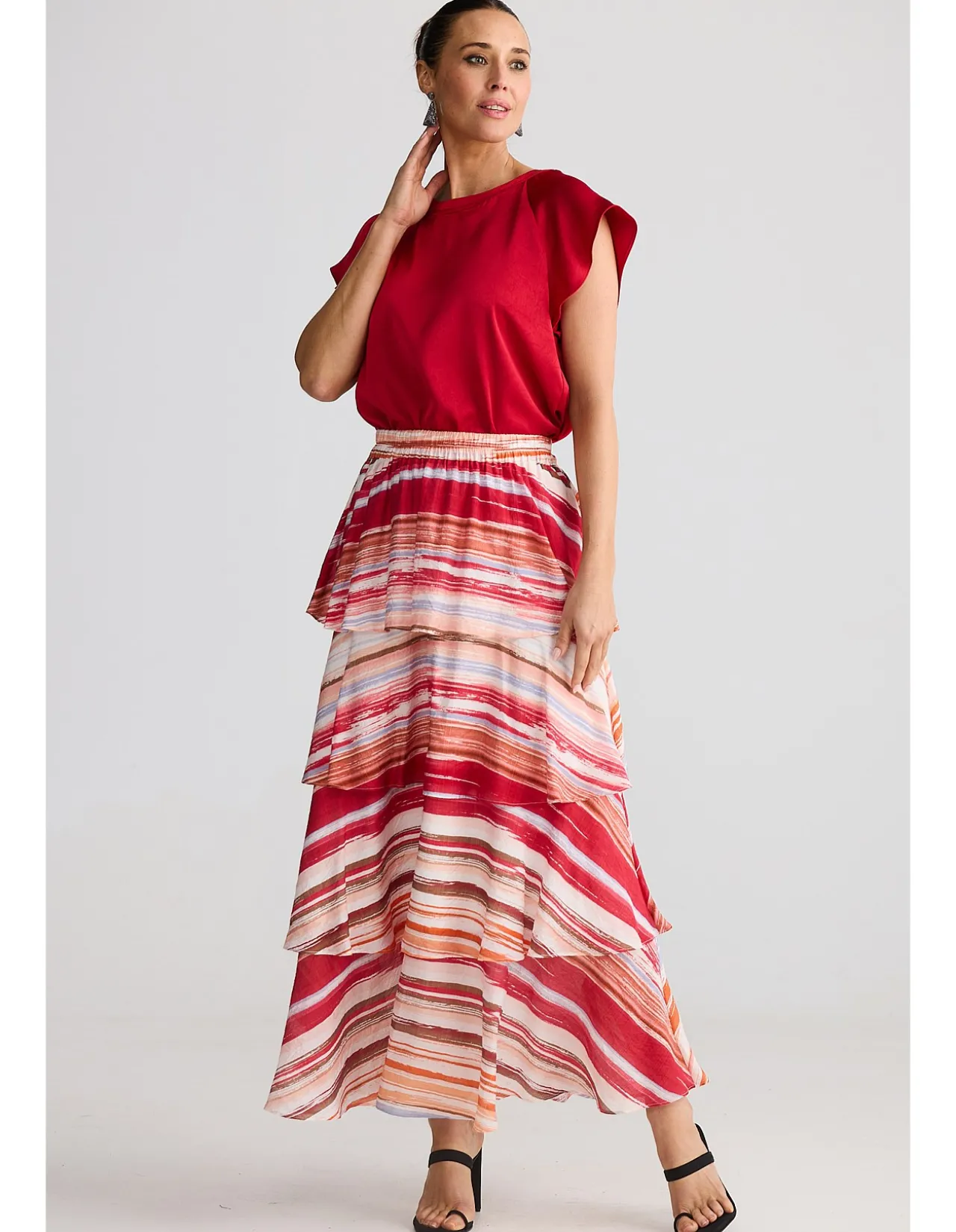 Penny Painterly Stripe Tiered Maxi Skirt