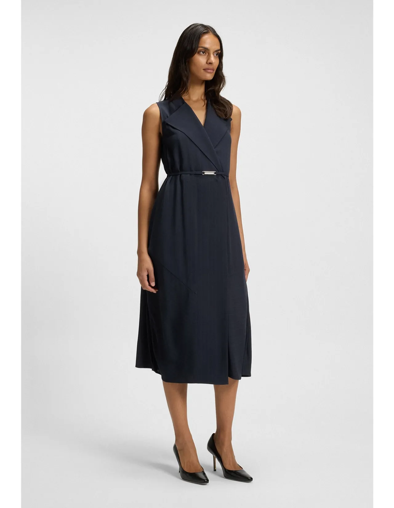 Pinstripe dress with buttoned wrap front