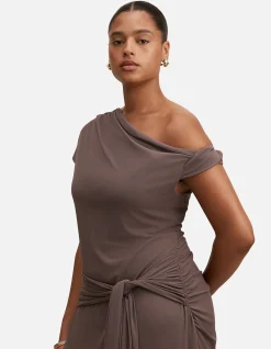 PIPER CURVE DRAPED TIE MESH MIDI DRESS