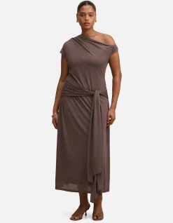 PIPER CURVE DRAPED TIE MESH MIDI DRESS