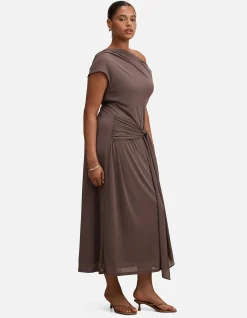 PIPER CURVE DRAPED TIE MESH MIDI DRESS